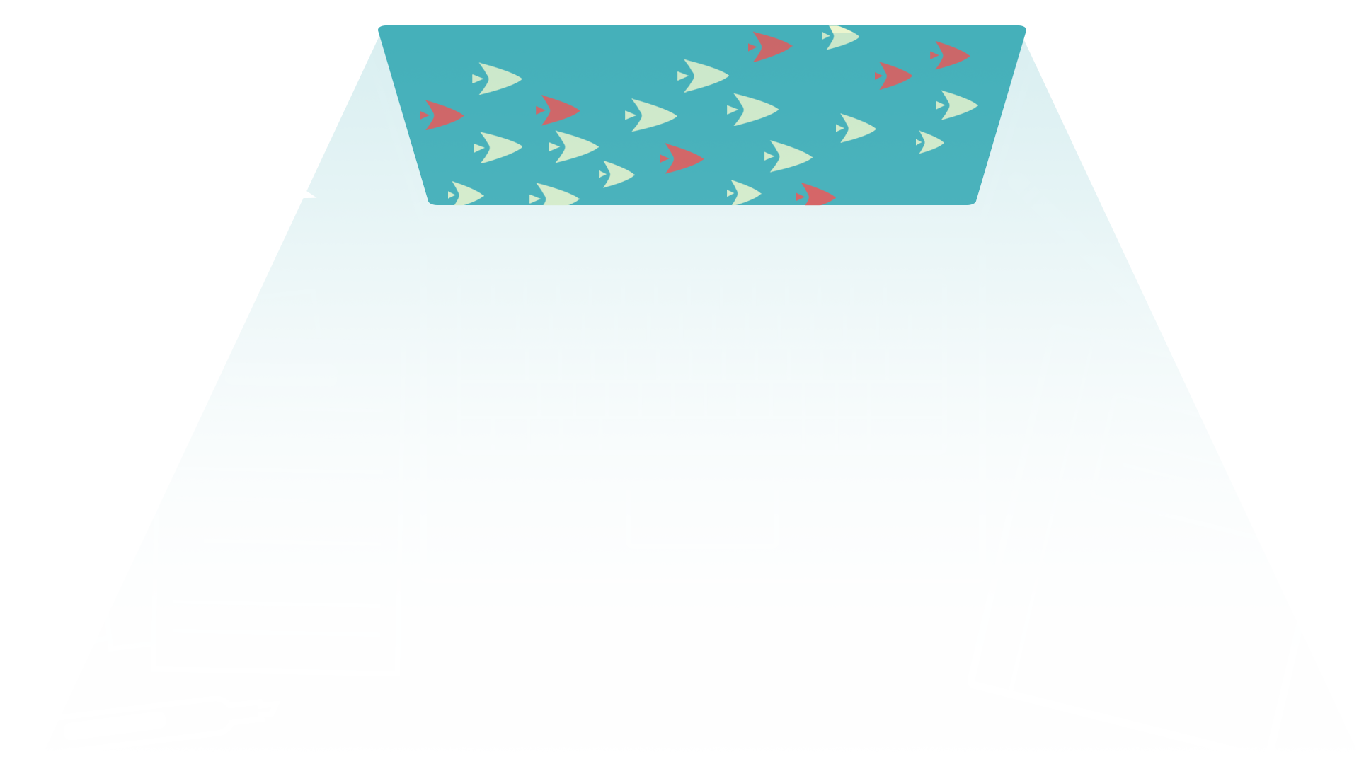 An illustration of a top-down view of a student's desk: A laptop surrounded by various notebooks, papers, and writing utensils.